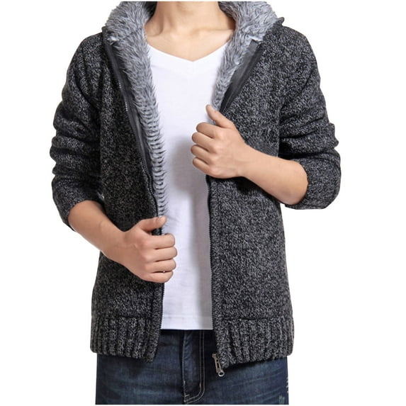 ZQUUVOU Men's Knit Hoodie Solid Color Plush Lined Thick Zipper Front Sweater with Pockets Long Sleeve Comfortable Tops Dark Gray