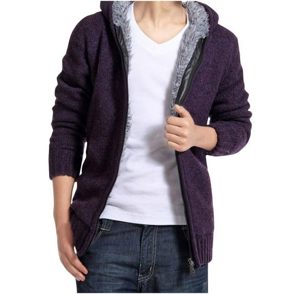 ZQUUVOU Men's Knit Hoodie Solid Color Plush Lined Thick Zipper Front Sweater with Pockets Long Sleeve Comfortable Tops Purple