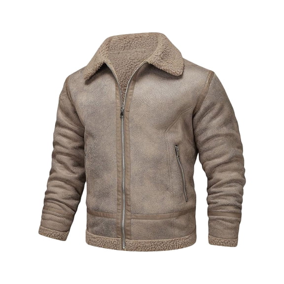 ZQUUVOU Men's Leather Jacket Winter Sherpa Fleece Lined Warm Thick Trucker Cargo Collar Coat with Pockets Beige B