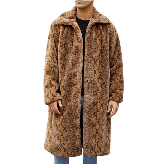 ZQUUVOU Men's Leopard Faux Fur Coat Winter Warm Long Length Outerwear Coat Jacket Thicken Cardigan Coat Fluffy Lapel Jackets Brown B