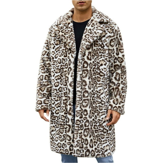ZQUUVOU Men's Leopard Faux Fur Coat Winter Warm Long Length Outerwear Coat Jacket Thicken Cardigan Coat Fluffy Lapel Jackets Khaki A