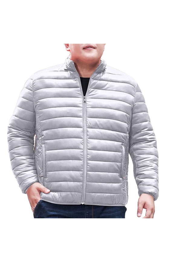 Men's Lightweight Down Jacket Winter Solid Color Stand Collar Down Fill Jacket Zip Front Cardigan Outerwear Gray