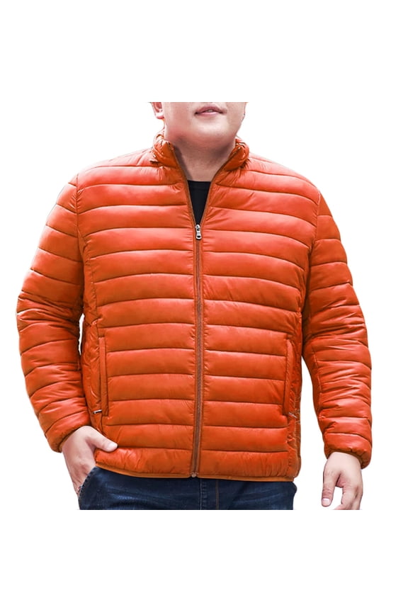 Men's Lightweight Down Jacket Winter Solid Color Stand Collar Down Fill Jacket Zip Front Cardigan Outerwear Orange
