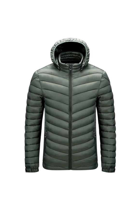 Men's Lightweight Hooded Jacket Winter Puffer Jacket Solid Color Zip Up Thermal Quilted Coat Casual Outerwear Olive Green
