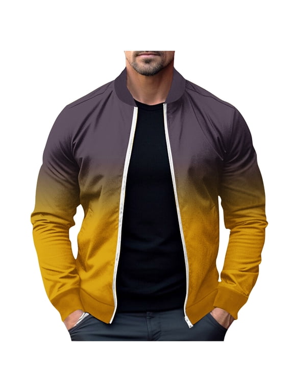 Men's Lightweight Jacket Fall Casual Full Zip Up Baseball Jacket Color Block Windbreaker Coat with Pocket Yellow