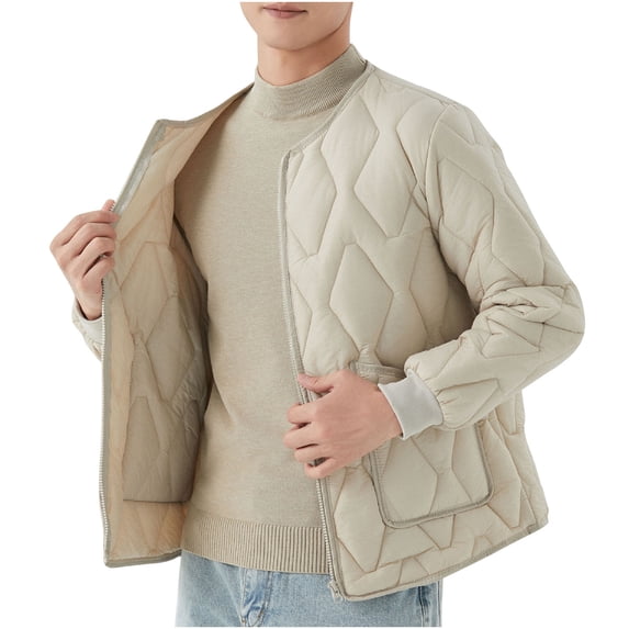 ZQUUVOU Men's Lightweight Quilted Jackets Cotton Oversized Zipper Front Down Jacket Crewneck Loose Warm Winter Puffer Jacket Beige