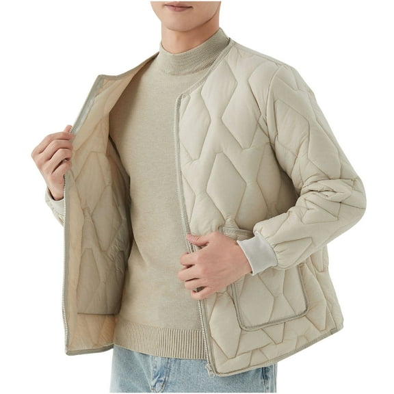 ZQUUVOU Men's Lightweight Quilted Jackets Cotton Oversized Zipper Front Down Jacket Crewneck Loose Warm Winter Puffer Jacket Beige