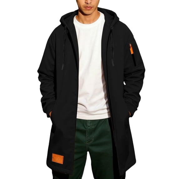 ZQUUVOU Men's Long Hooded Sweatshirts Solid Color Zip Front Long Sleeve Drawstring Tops with Pockets Casual Outerwear Black