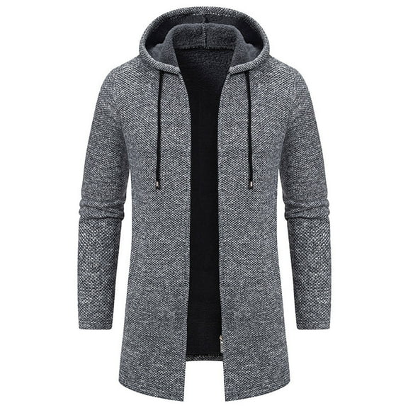 ZQUUVOU Men's Long Knit Sweater Long Sleeve Hooded Zip Front Jacket with Pockets Longline Comfortable Casual Coat Dark Gray