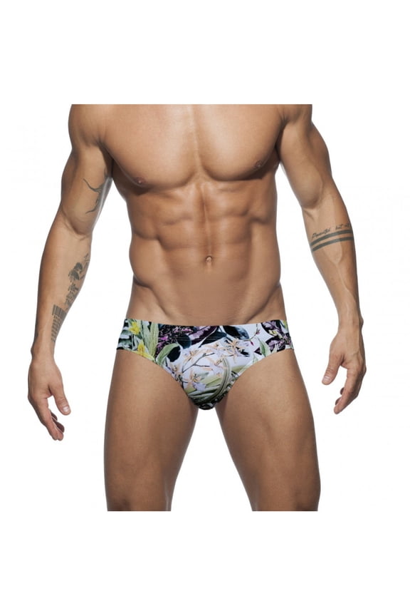 Men's Low Rise Bikini Swim Briefs Beach Vacation Printed Swim Trunks Removable Padding Quick Dry Bathing Suit White