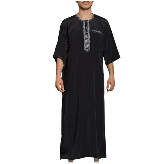 ZQUUVOU Men's Muslim Thobe With Short Sleeves Gentleman Thobe Embroidered Crewneck Muslim Shirts Ethnic Clothes Black