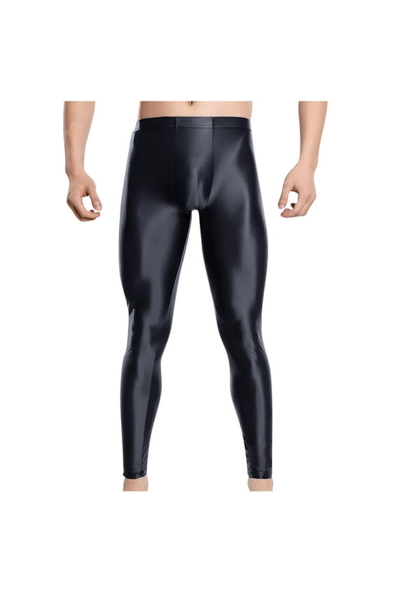 Men's Oil Shiny Glossy Pants Stretchy Nylon Smooth Leggings Tights Pants for Yoga Running Gym Workout Black B