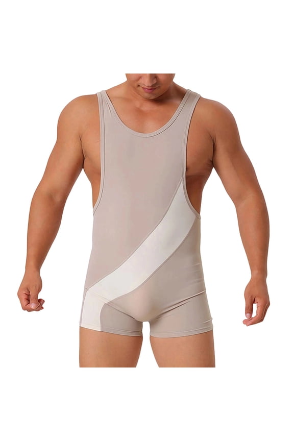 Men's One Piece Swimsuit Stretch Athletic Breathable Slim Swimwear Sport Bodysuit Singlets Leotard Underwear Jumpsuits Khaki