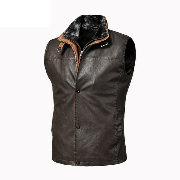 ZQUUVOU Men's PU Leather Vest Fall Winter Plush Lined Trendy Workwear Sleeveless Jacket Casual Street Fashion Vest Coffee