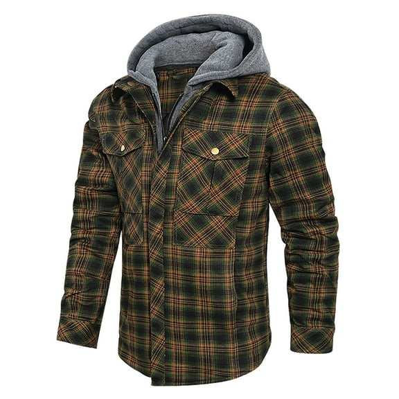 ZQUUVOU Men's Plaid Pattern Hooded Jacket Button Front Fall Shirts with Pockets Fleece Lined Warm Winter Casual Tops Olive Green