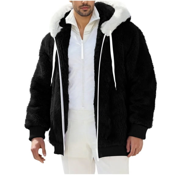 ZQUUVOU Men's Plush Jacket with Hood Fashion Solid Full Zip Hoodie Thick Plush Fleece Trim Long Sleeve Jacket with Pockets Black