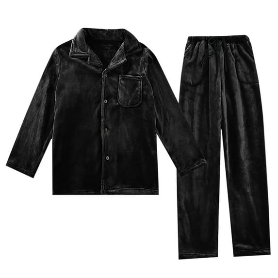 ZQUUVOU Men's Plush Pajamas Set Winter Collar Long Sleeves Pocket Elastic Waist Trousers Flannel Pajama Set Black