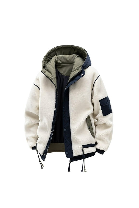 Men's Polar Fleece Jacket Winter Hooded Thick Thermal Zip Front Hooded Jacket with Pockets Quilted Lining Outdoor Coat Beige