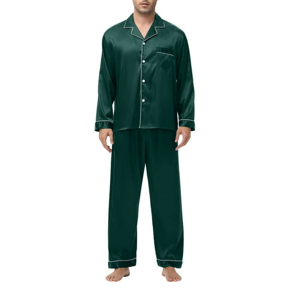 ZQUUVOU Men's Satin Pajamas Set Long Sleeves Collar Silk Buttons Loungewear Fall Lightweight Sleepwear Olive Green
