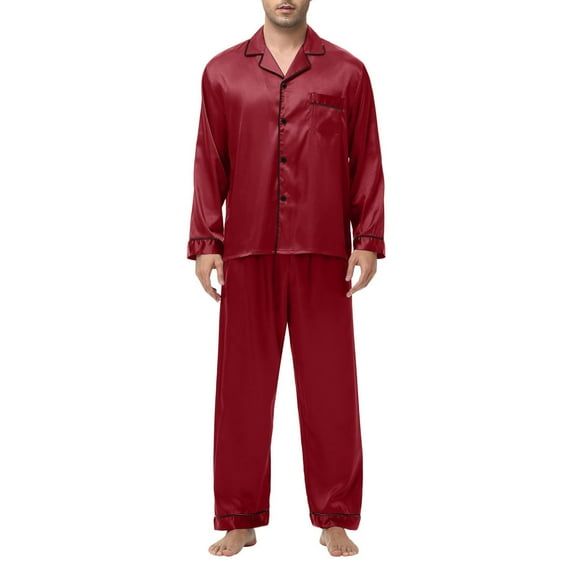 ZQUUVOU Men's Satin Pajamas Set Long Sleeves Collar Silk Buttons Loungewear Fall Lightweight Sleepwear Red