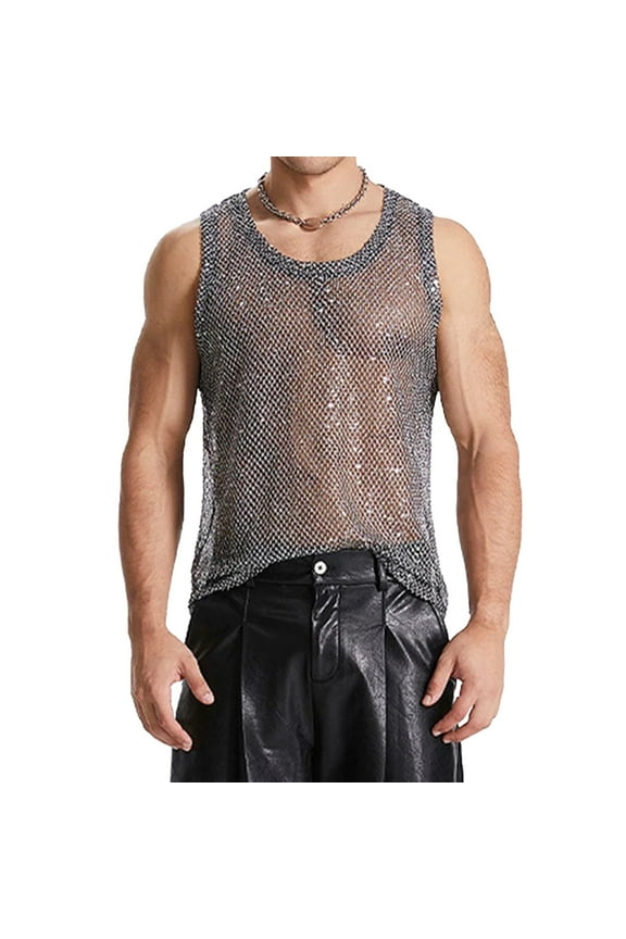 Men's Sequin Mesh Tank Tops V Neck Sleeveless Shirts Sheer See Through Breathable Club Party Casual Top Undershirts Black