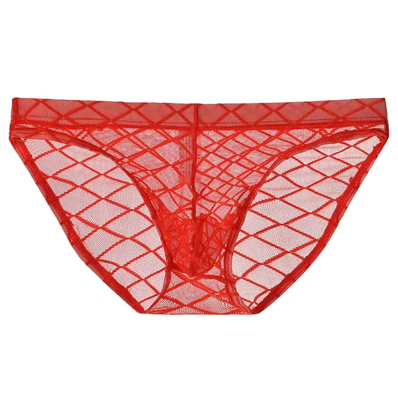 ZQUUVOU Men's Sheer Mesh Lace Briefs Solid Color Thin Breathable Soft Stretchy Lightweight Underwear for Daily Comfort Red