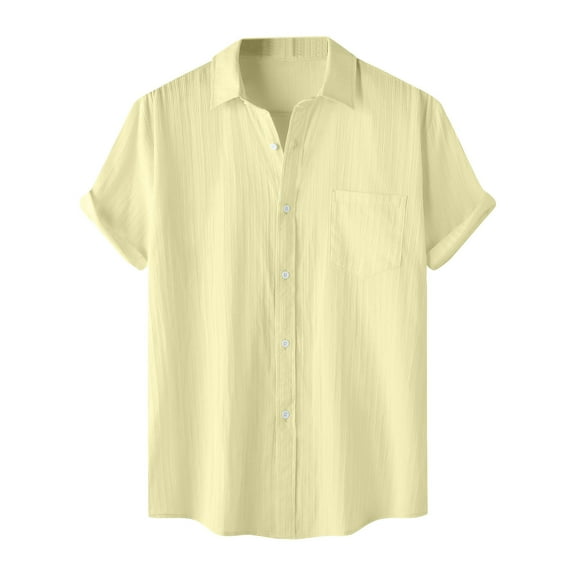 ZQUUVOU Men's Shirt Button Casual Solid Color Short Sleeved Turndown Collar Crew Neck Shirts (Yellow,2XL)