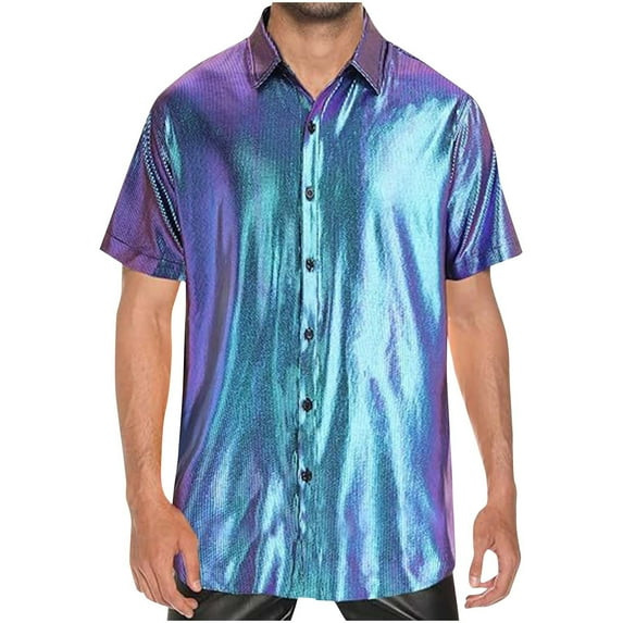 ZQUUVOU Men's Shirt Sequin Leisure Solid Color Button Short Sleeve Collar Nightclub Shirts (Multicolor,2XL)