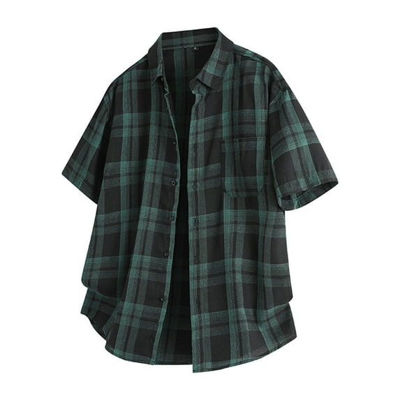 ZQUUVOU Men's Shirt Turn Down Plaid Casual Button Pockets Short Sleeve Blouses (Army Green,3XL)