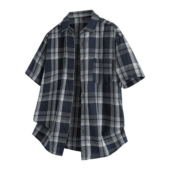 ZQUUVOU Men's Shirt Turn Down Plaid Casual Button Pockets Short Sleeve Blouses (Navy,4XL)