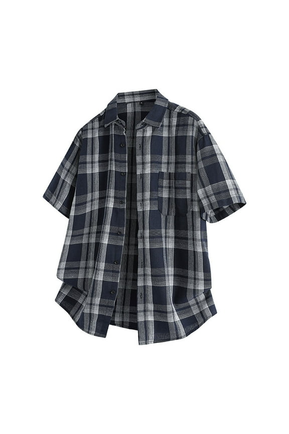 Men's Shirt Turn Down Plaid Casual Button Pockets Short Sleeve Blouses (Navy,M)