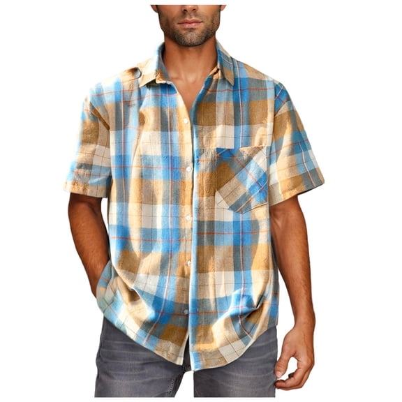 ZQUUVOU Men's Shirt Turndown Collar Plaid Check Button Pocket Short Sleeved Shirt (F-Yellow,3XL)