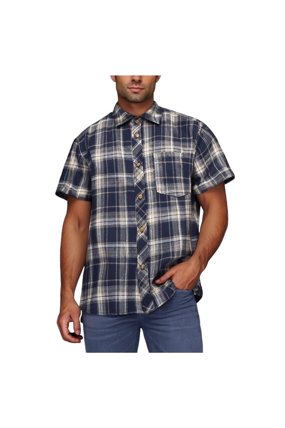 Men's Shirt Turndown Collar Plaid Check Button Pocket Short Sleeved Shirt (J-Navy,4XL)