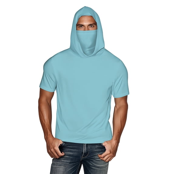 ZQUUVOU Men's Short Sleeve Hoodies with Face Mask Solid Sun Protection Ice Silk Top Breathable Lightweight Hiking Swimming Sky Blue