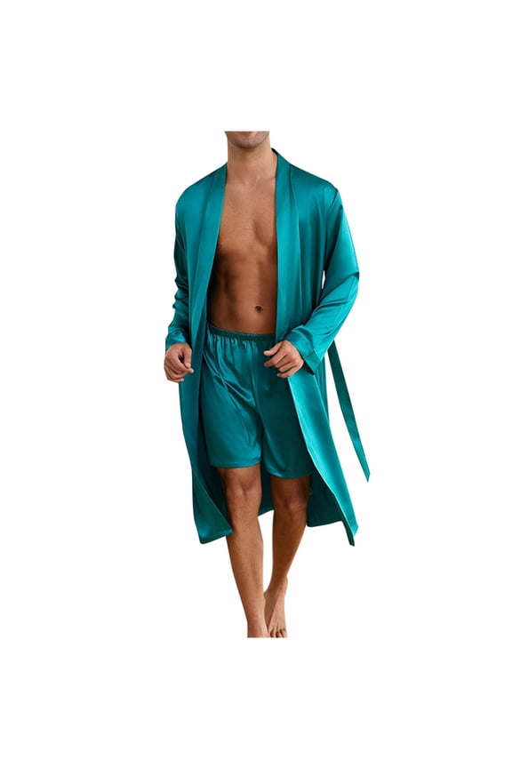 Men's Silk Pajamas Set Tie Kimono Robe Shorts Silky Pajama Set Loungewear 2 Piece Lightweight Bathrobe Soft Sleepwear