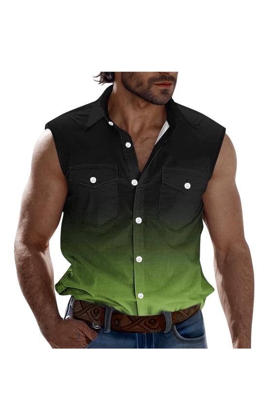 Men's Sleeveless Collared Shirt with Pocket Gradient Color Casual Button Down Summer Beach Vacation Top Olive Green