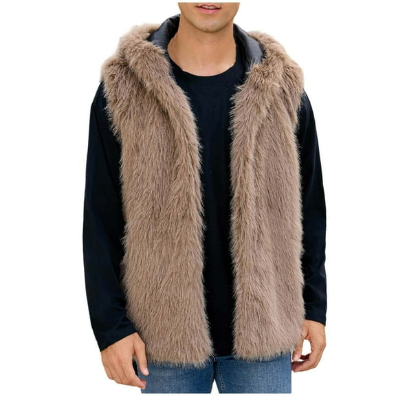 ZQUUVOU Men's Sleeveless Faux Fur Jacket with Hood Plush Textured for Fashion Layering Luxury Winter Ouerwear Khaki A