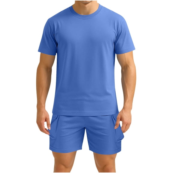 ZQUUVOU Men's Sport Workout Set Short Sleeve Round Neck Tee and Comfortable Shorts Casual Athletic 2 Piece Outfit Blue