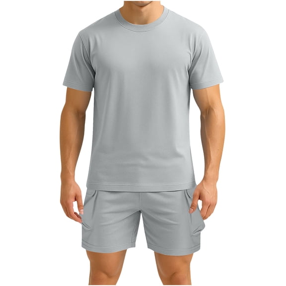 ZQUUVOU Men's Sport Workout Set Short Sleeve Round Neck Tee and Comfortable Shorts Casual Athletic 2 Piece Outfit Gray