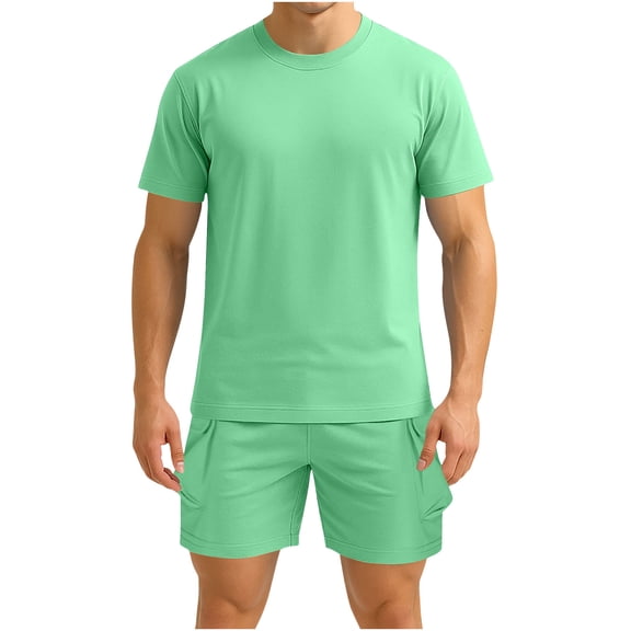 ZQUUVOU Men's Sport Workout Set Short Sleeve Round Neck Tee and Comfortable Shorts Casual Athletic 2 Piece Outfit Green