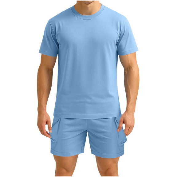 ZQUUVOU Men's Sport Workout Set Short Sleeve Round Neck Tee and Comfortable Shorts Casual Athletic 2 Piece Outfit Sky Blue