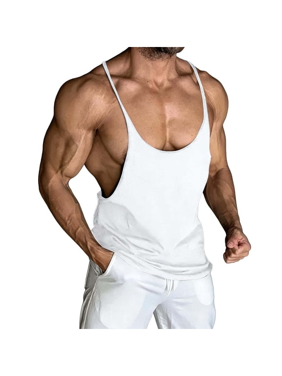Men's Stringer Tank Tops Bodybuilding Workout Gym Shirts Thin Strap Deep U Neck Sleeveless Casual Fitness Vest White