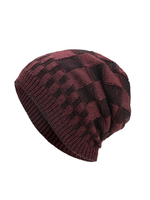 Men's Striped Slouch Beanie Winter Fall Warm Skull Cap Hat Oversize Beanie Knit Crochet Cap for Cold Weather Burgundy B