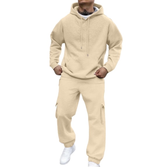 ZQUUVOU Men's Sweatshirts 2 Piece Set with Pocket Hooded Long Sleeve Elastic Waist Pants Sportswear Set Beige