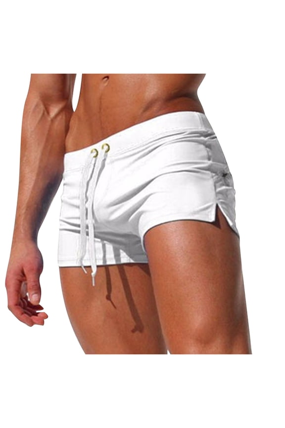 Men's Swim Jammers Quick Dry Square Leg Breathable Drawstring Shorts High Stretch Beach Trunks Swimwear White