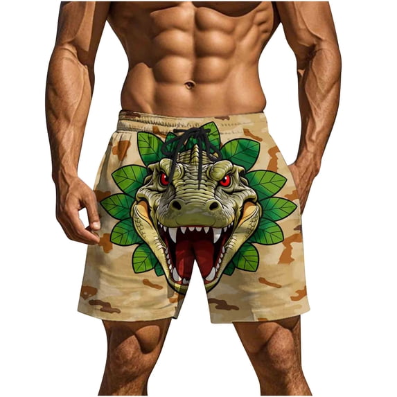 ZQUUVOU Men's Swim Trunks Funny Novelty Print Drawstring Elastic Waist Double Pockets 5 Inch Beach Shorts Beach Shorts Khaki