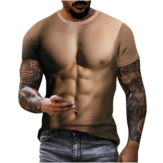 ZQUUVOU Men's T-Shirt 3D Printed Muscle Casual Crew Neck Short Sleeved Tops (F-Khaki,XL)