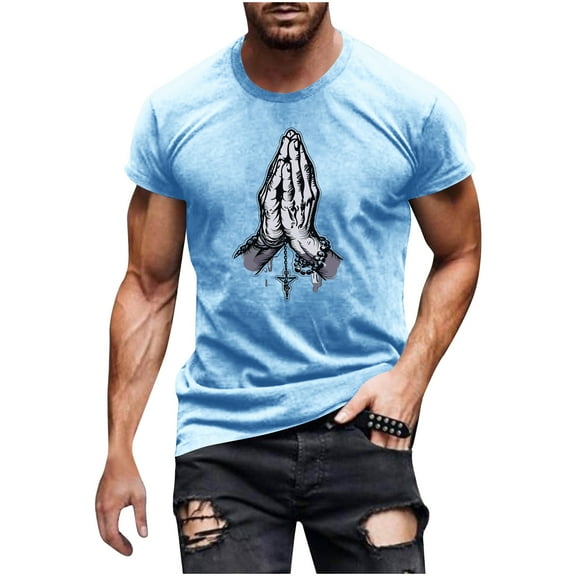 ZQUUVOU Men's T-Shirt Casual Printed Short Sleeved Crew Neck Shirt (Light Blue,M)