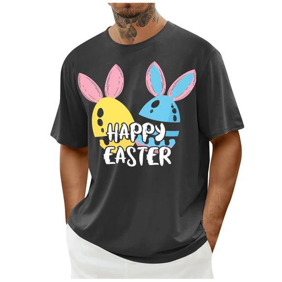 ZQUUVOU Men's T-Shirt Casual Short Sleeve Easter Printed Crew Neck Shirts (Gray,L)