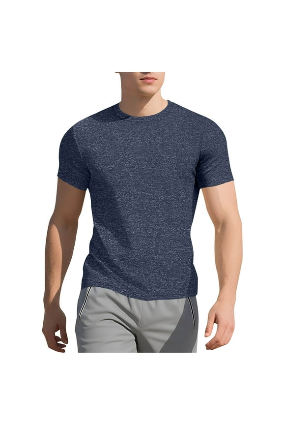 Men's T-Shirt Casual Solid Color Breathable Short Sleeve Crew Collar Blazer Blouse (Navy,L)